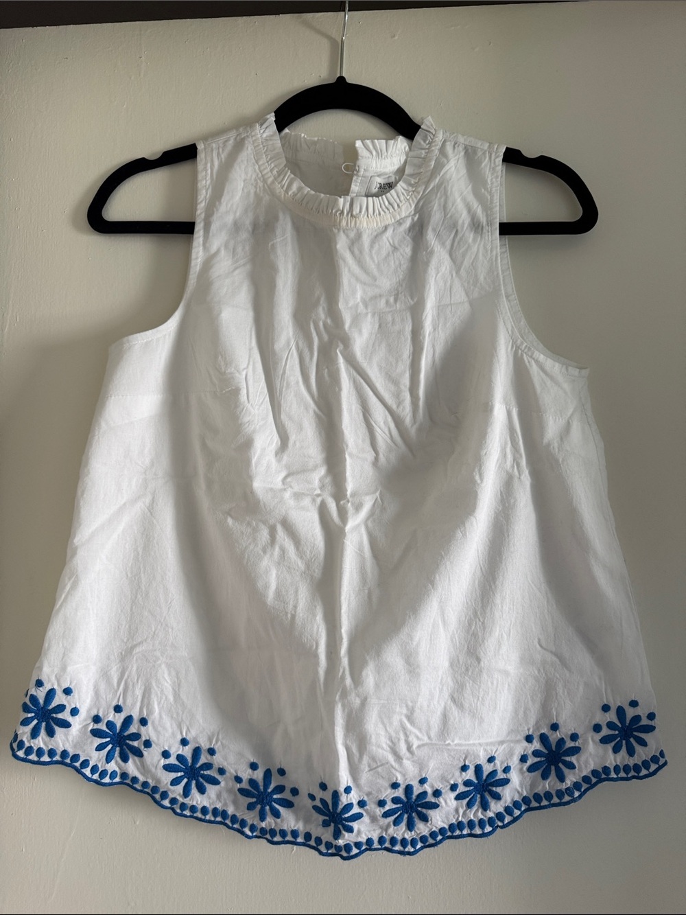 J. Crew White Sleeveless Cotton Tank with Blue Floral Hem